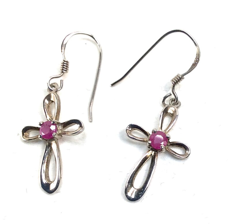 Sterling silver looped cross earrings with a central ruby stone ~ Vintage Dangle earrings ~ Stamped 925