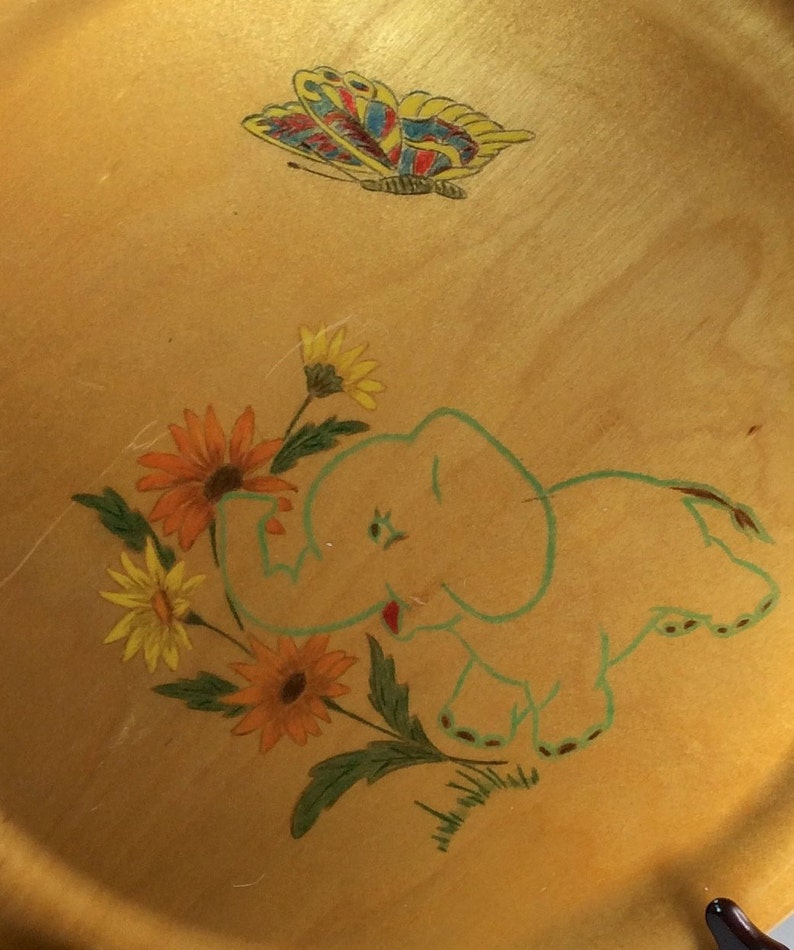 or Display butterfly Vintage Nursery flower design Woodcroft style hand-painted round tray Baby elephant Wooden Serving Tray