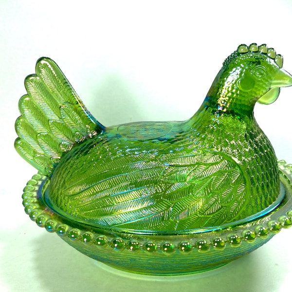 Vintage Indiana Glass Iridescent Lime Green Carnival Glass Hen On Nest Covered Dish with Beaded Edge