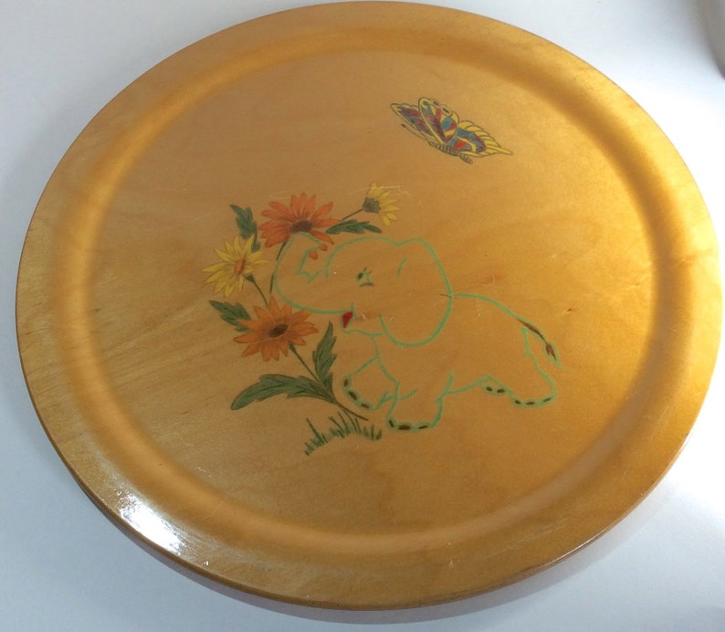 or Display butterfly Vintage Nursery flower design Woodcroft style hand-painted round tray Baby elephant Wooden Serving Tray