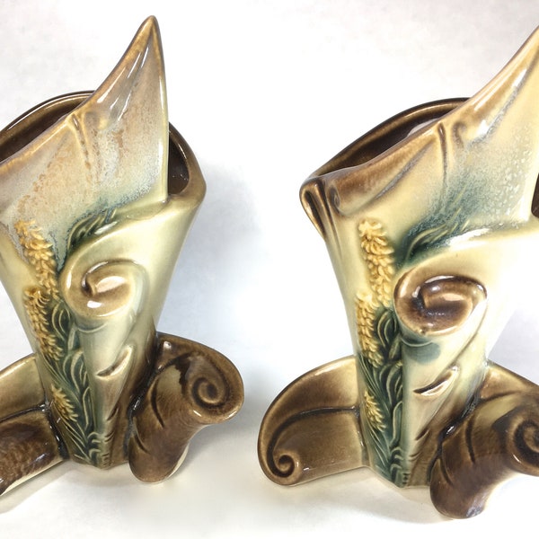 PAIR Hull Parchment & Pine Vases, 6.5 inches tall, gorgeous set from 1950s