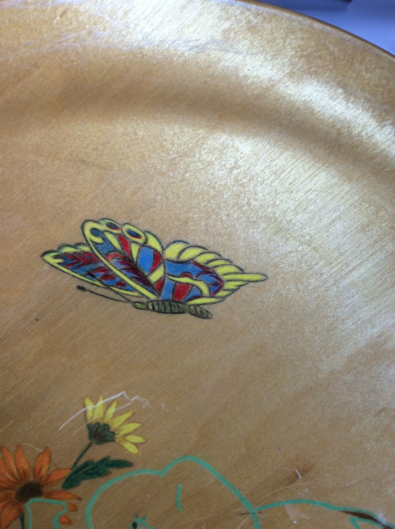 or Display butterfly Vintage Nursery flower design Woodcroft style hand-painted round tray Baby elephant Wooden Serving Tray