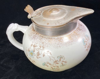 Antique K T & K Ironstone Syrup Pitcher | Hinged Metal Lid | Floral Transferware  | Knowles Taylor and Knowles | Late 1800's | Free Shipping