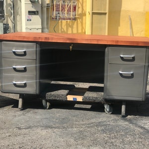 AllSteel Brushed Steel Tanker Desk with Wood Top