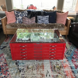 Vintage Steel Flat File Cabinet Refurbished into Coffee Table in Red image 1