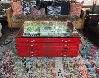 Vintage Steel Flat File Cabinet Refurbished into Coffee Table in Red