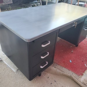 Vintage Steel Tanker desk Refurbished in Black with Brush steel