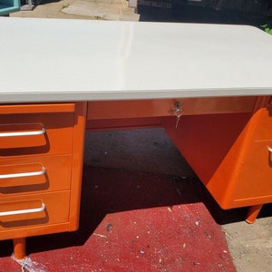 Vintage Steel - Retro orange tanker desk Steelcase