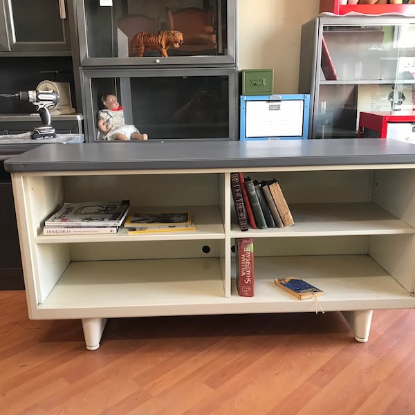 Steelcase vintage steel open credenza - refurbished in off white and grey top