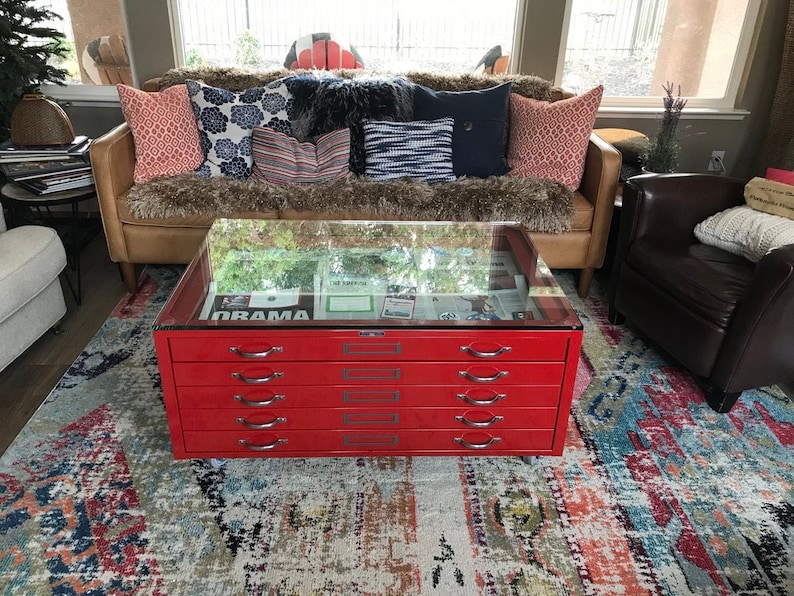 Vintage Steel Flat File Cabinet Refurbished into Coffee Table in Red image 1