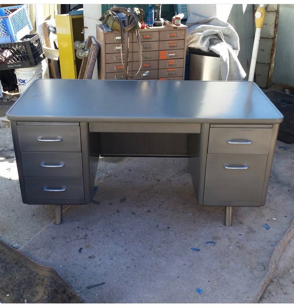 Old metal on sale desk with drawers