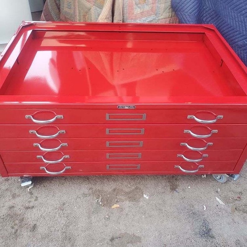 Vintage Steel Flat File Cabinet Refurbished into Coffee Table in Red image 7