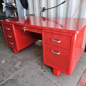 Vintage Steel Tanker Desk- Double Pedestal Desk in Red