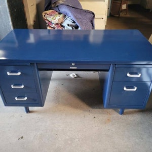 Dark Blue Double Pedestal Tanker Desk - Vintage Steel Metal