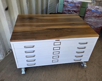 vintage steel flat file cabinet coffee table with wood top walnut refurbished in white powder coated