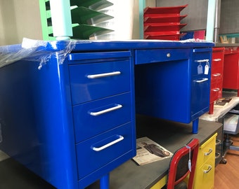 Vintage Steel Case Refinished Tanker Desk in Blue