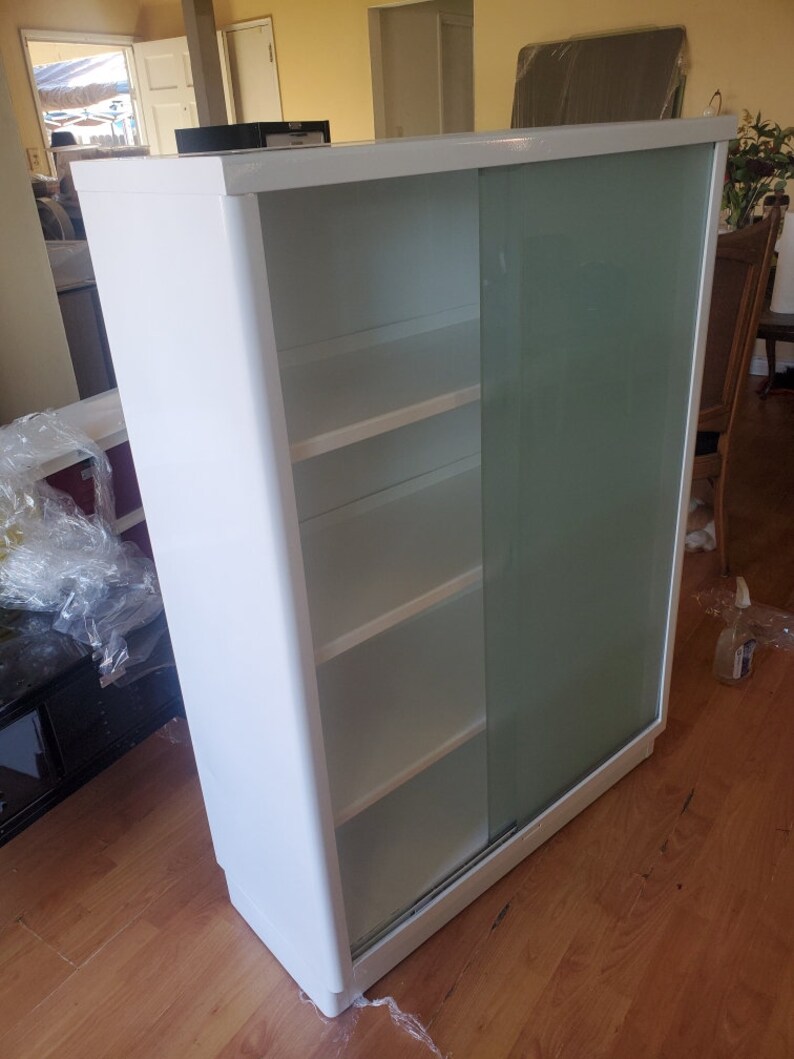 Vintage Steel Tall Bookcase With Frosted Glass Doors Steel Etsy