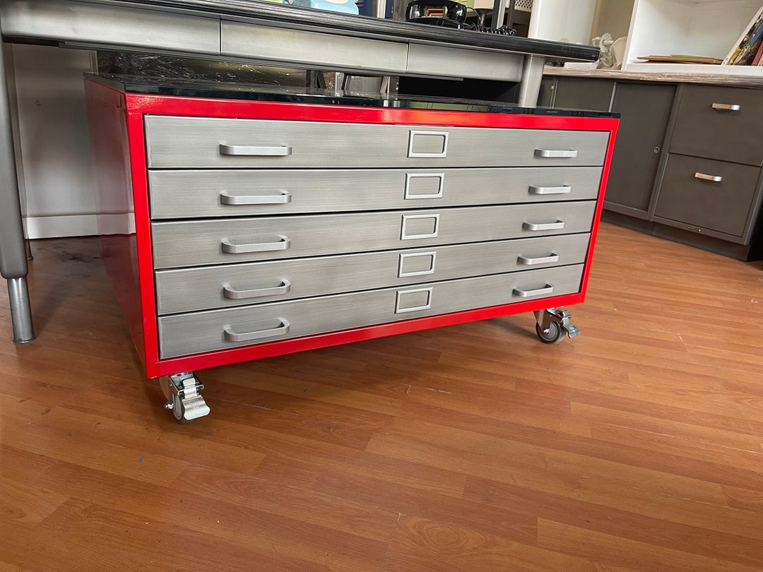 Vintage Steel Flat File Coffee Table Red and Brush Steel With