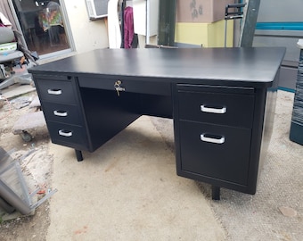 Black Refurbished Tanker Desk - Double Pedestal Vintage Steel