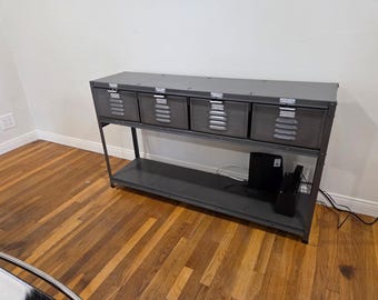 vintage steel basket locker console refurbished in brush steel powder coated with extra shelf