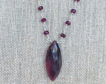 Natural Ruby Wire Wrapped Sterling Silver Necklace with a Faceted Marquis Pendant and Ruby Rondel Beads with Chain/July Birthstone