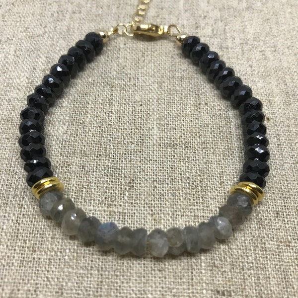 Labradorite and Black Spinel Bracelet with 14K Gold Filled and Thai Karen Hill Tribe Silver Gold Vermeil, Extension Chain and Heart Charm