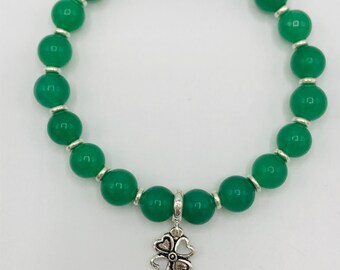 Dark Green Aventurine  Gemstone with Sterling Silver 4 Leaf Clover Lucky Charm Dangle and Thai Karen Hill Tribe Silver Boho Stretch Bracelet
