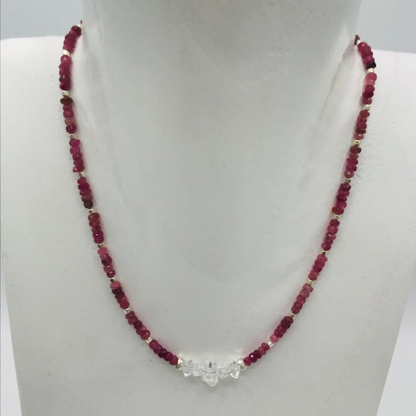 RESERVED for Diana. Pink Tourmaline and Herkimer Diamond Minimalist Necklace with Thai Karen Hill Tribe Silver and Sterling Silver