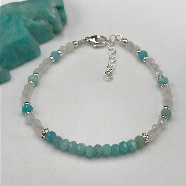 Natural Russian Amazonite and White Agate Minimalist Bracelet in Sterling Silver with Lobster Clasp, Extension Cable  Chain, and Heart Charm