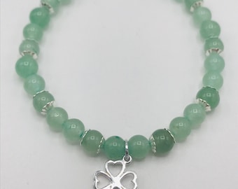 Green Aventurine  Gemstone with Sterling Silver Four Leaf Clover/Shamrock and Bead Caps/Luck, Prosperity, St Patrick's Day