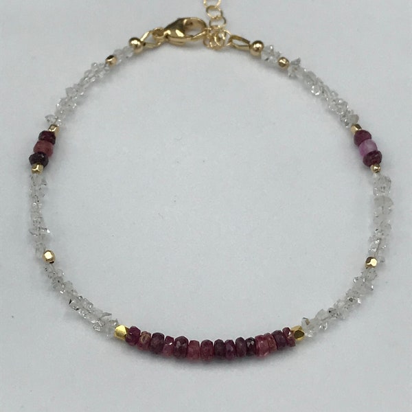 Natural Shaded Ruby and Herkimer Diamond Minimalist Bracelet in 14K Gold Filled and 24K Gold Vermeil with Heart Charm/July Birthstone