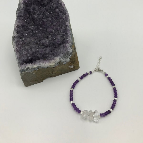 Amethyst and Herkimer Diamond Minimalist Bracelet with Thai Karen Hill Tribe Silver and Sterling Silver and Heart Charm/February Birthstone