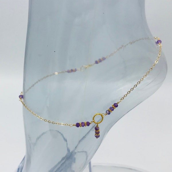 Wire Wrapped Amethyst Minimalist Anklet with 14K Gold Filled Chain and Clasp and Gold Vermeil Ring and Daisy Spacers/February Birthstone