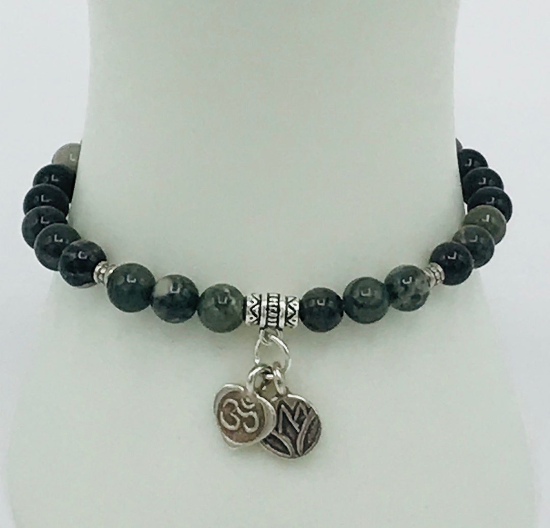 Green Rhodonite Gemstone Boho Unisex Stretch Bracelet With Thai Karen ...