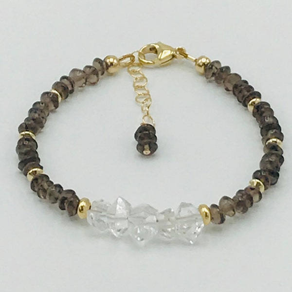 Natural Smoky Quartz and Herkimer Diamond Minimalist Bracelet in 14K Gold Filled, Lobster Clasp, and Wire Wrapped Extension Dangle