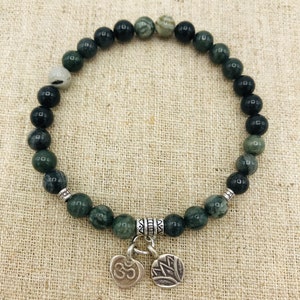 Green Rhodonite Gemstone Boho Unisex Stretch Bracelet With Thai Karen ...