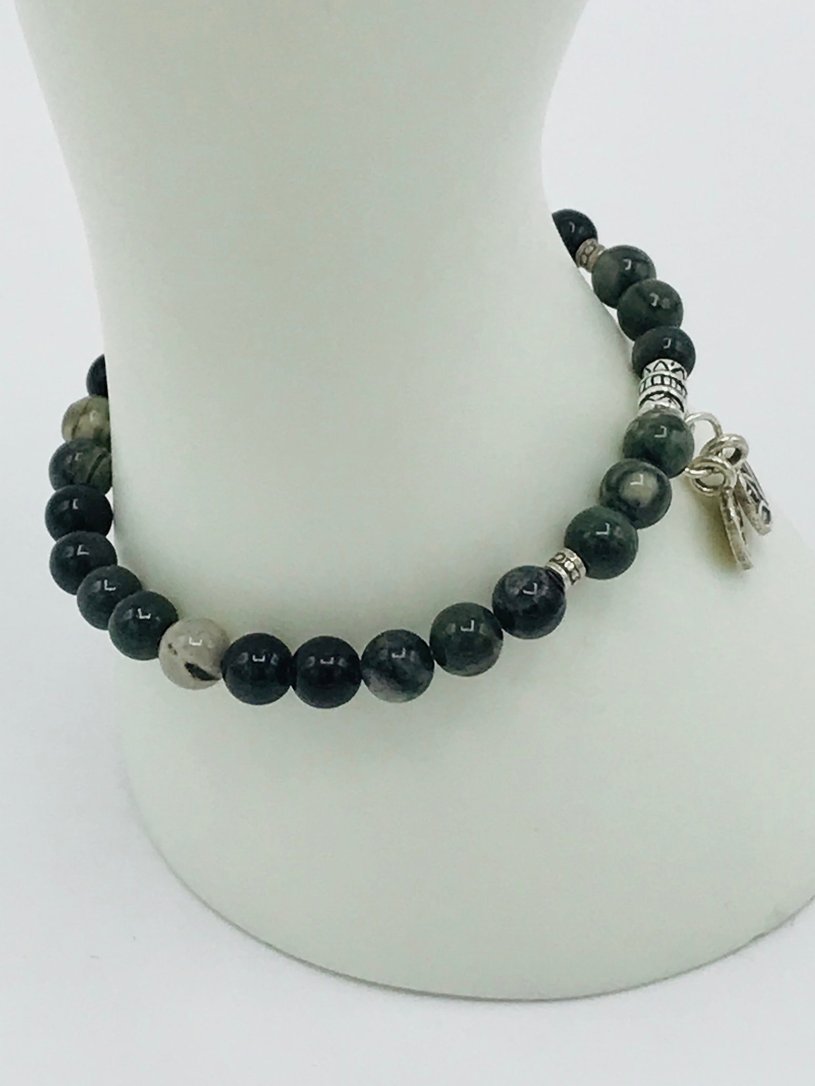 Green Rhodonite Gemstone Boho Unisex Stretch Bracelet With Thai Karen ...