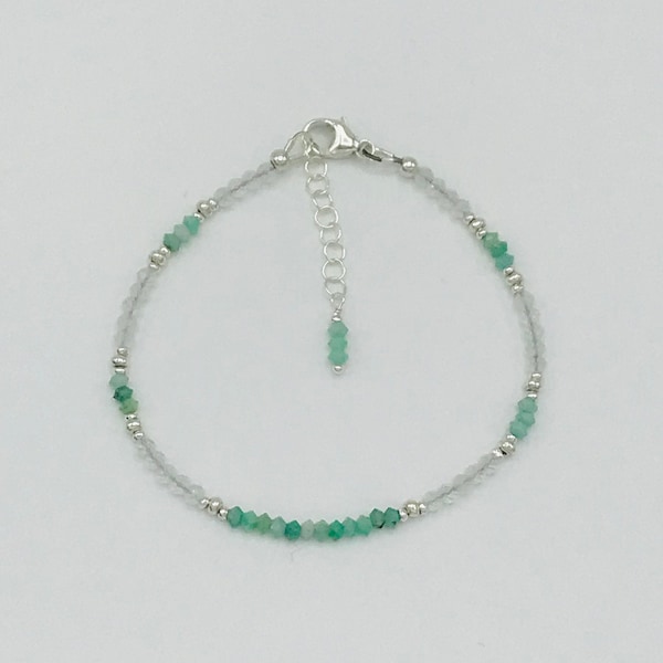 Genuine AAA Emerald Gemstone and AAA Crystal Quartz Minimalist Bracelet with Thai Karen Hill Tribe Silver and Sterling Silver/May Birthstone