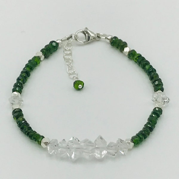 Chrome Diopside and Herkimer Diamond Minimalist Bracelet with Sterling Silver, Thai Karen Hill Tribe Silver, Wire Wrap Dangle, Lobster Clasp
