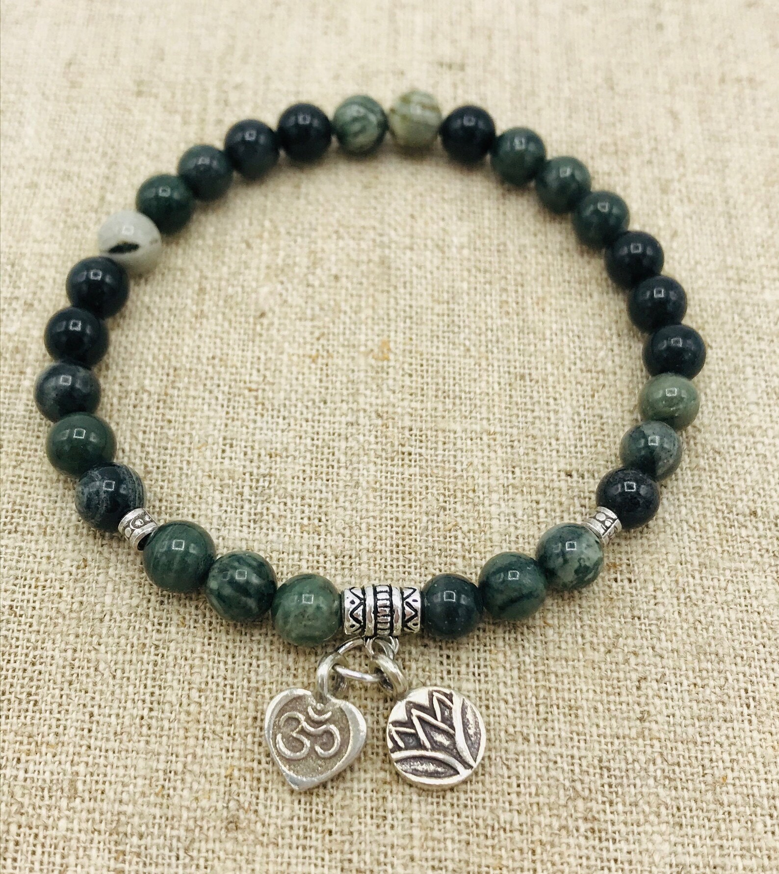 Green Rhodonite Gemstone Boho Unisex Stretch Bracelet With Thai Karen ...