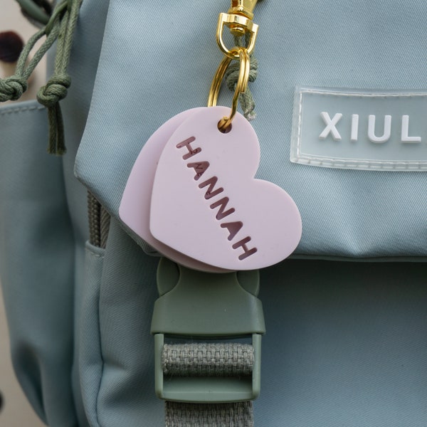 Heart Luggage Tags | Personalised Travel Bag Tags | Heart Shaped Keyring | Name + Address Acrylic Tags