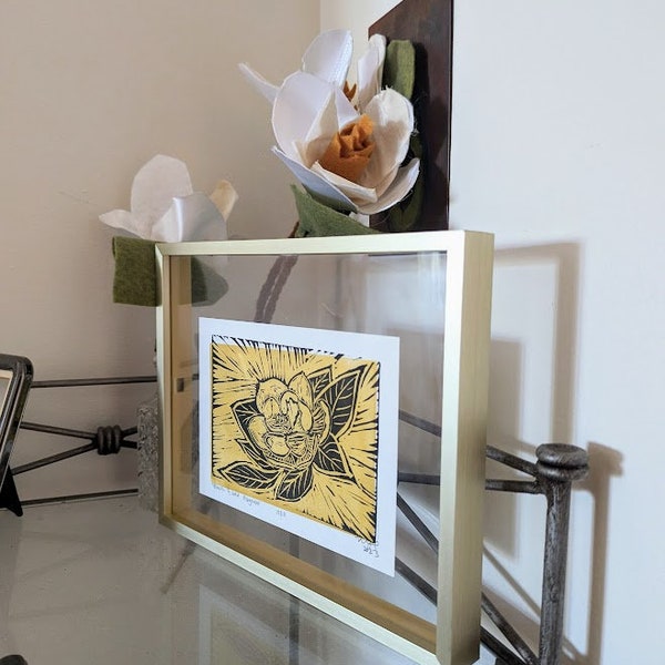 Small Black + Gold Magnolia  - "Who Dat" Linocut (Louisiana State Flower | Mississippi State Flower)