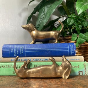 May include: Two brass dachshund dog figurines, one standing and one lying down, are displayed on a stack of vintage books. The books have blue, green, and beige covers. Green plants are in the background.
