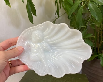 Milk glass cherub tray. C