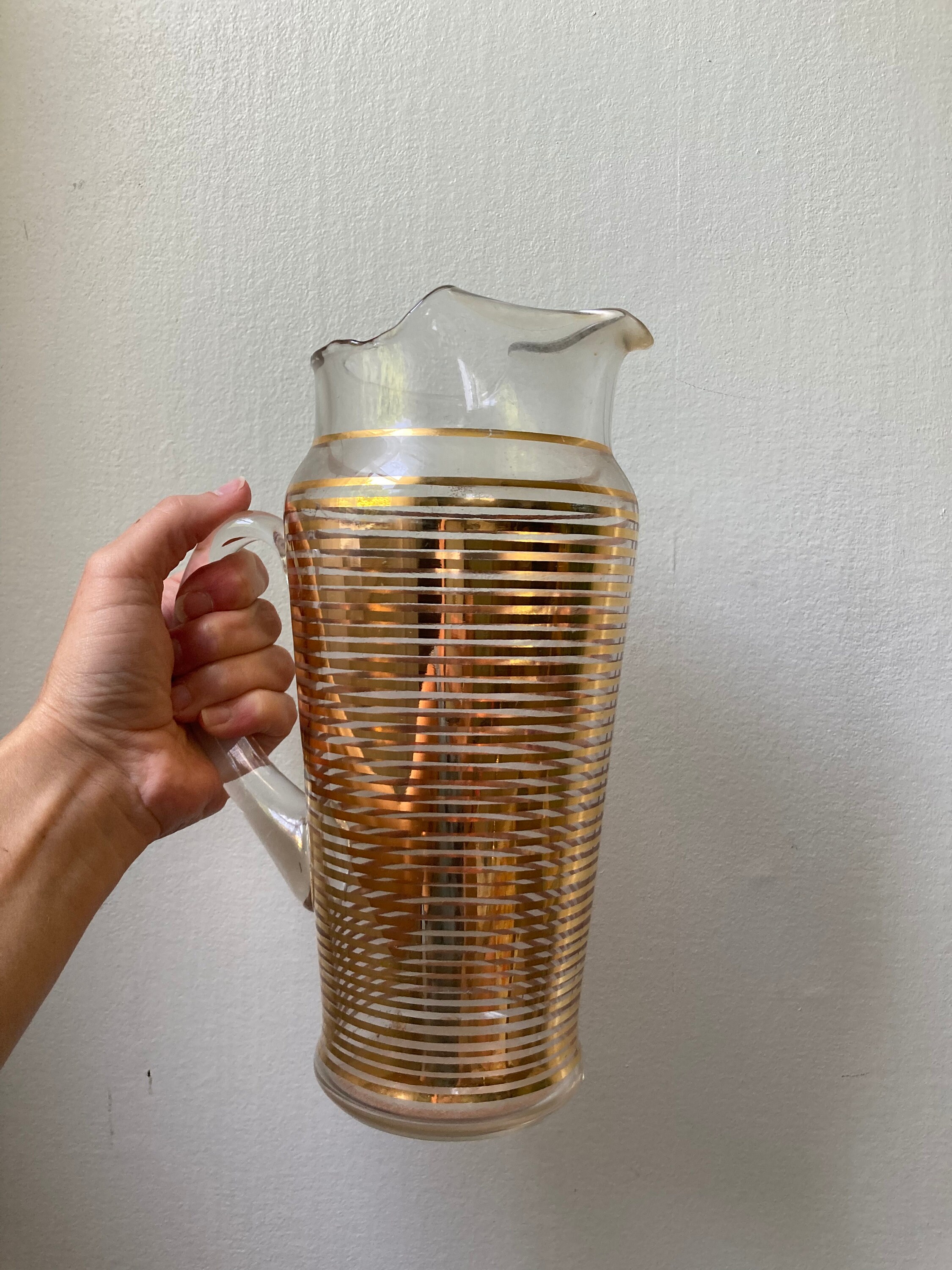 Amber Glass Pitcher Tumbler Set Vintage Gold Stripe Iced Tea Set