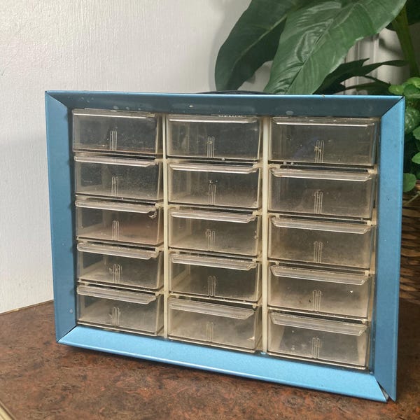 Vintage metal and plastic storage bin  as is.    C
