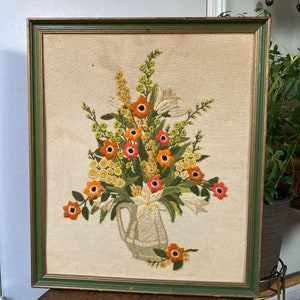 Orange flower crewel vintage as is