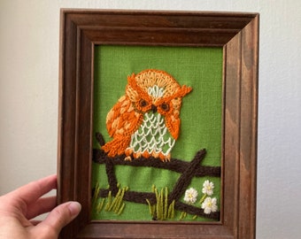 Vintage owl framed crewel