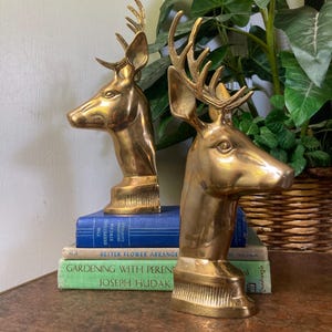 May include: A pair of polished brass deer head bookends, each featuring detailed antlers and a smooth finish. The bookends are positioned on top of a stack of three hardcover books with blue and green spines, displaying titles and author names.