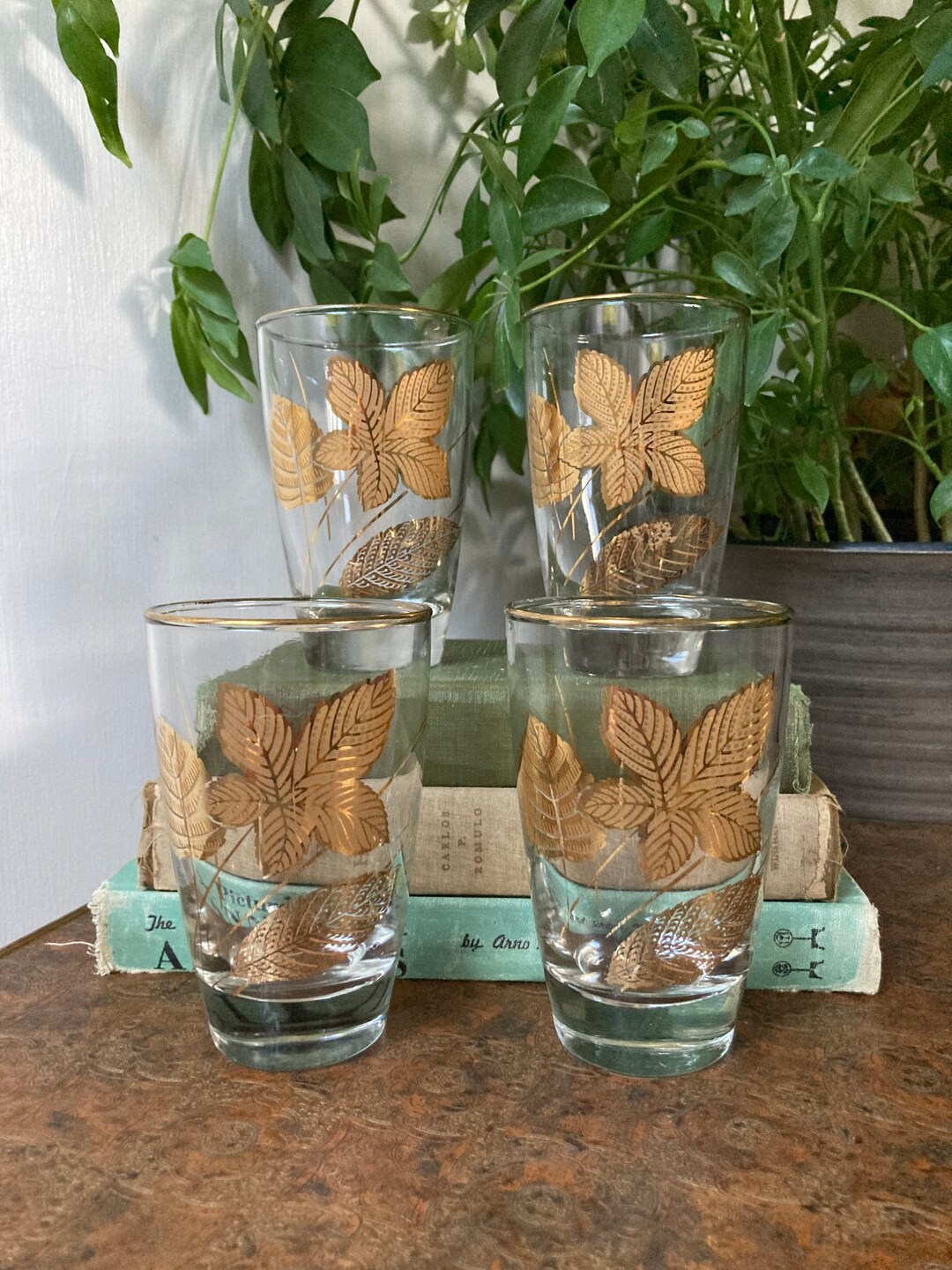 Four Vintage Glasses With Gold Leaves Etsy